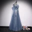 Vintage / Originale Océan Bleu Transparentes Dansant Robe De Bal 2020 Princesse Col Haut Gonflée Manches Longues Perlage Paillettes Longue Volants Dos Nu Robe De Ceremonie