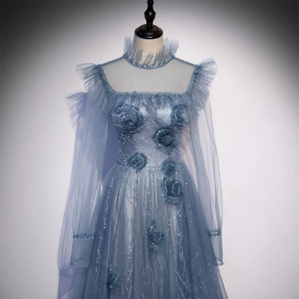 Vintage / Originale Océan Bleu Transparentes Dansant Robe De Bal 2020 Princesse Col Haut Gonflée Manches Longues Perlage Paillettes Longue Volants Dos Nu Robe De Ceremonie
