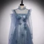 Vintage / Originale Océan Bleu Transparentes Dansant Robe De Bal 2020 Princesse Col Haut Gonflée Manches Longues Perlage Paillettes Longue Volants Dos Nu Robe De Ceremonie