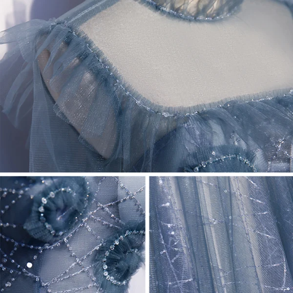 Vintage / Originale Océan Bleu Transparentes Dansant Robe De Bal 2020 Princesse Col Haut Gonflée Manches Longues Perlage Paillettes Longue Volants Dos Nu Robe De Ceremonie