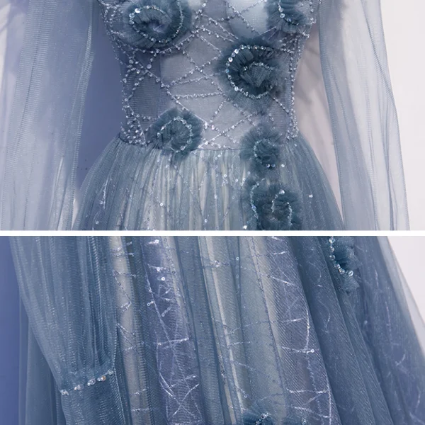Vintage / Originale Océan Bleu Transparentes Dansant Robe De Bal 2020 Princesse Col Haut Gonflée Manches Longues Perlage Paillettes Longue Volants Dos Nu Robe De Ceremonie