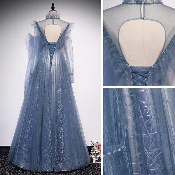 Vintage / Originale Océan Bleu Transparentes Dansant Robe De Bal 2020 Princesse Col Haut Gonflée Manches Longues Perlage Paillettes Longue Volants Dos Nu Robe De Ceremonie