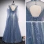 Vintage / Originale Océan Bleu Transparentes Dansant Robe De Bal 2020 Princesse Col Haut Gonflée Manches Longues Perlage Paillettes Longue Volants Dos Nu Robe De Ceremonie