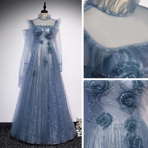 Vintage / Originale Océan Bleu Transparentes Dansant Robe De Bal 2020 Princesse Col Haut Gonflée Manches Longues Perlage Paillettes Longue Volants Dos Nu Robe De Ceremonie
