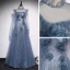 Vintage / Originale Océan Bleu Transparentes Dansant Robe De Bal 2020 Princesse Col Haut Gonflée Manches Longues Perlage Paillettes Longue Volants Dos Nu Robe De Ceremonie