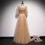 Victorian Style Champagne Dancing Prom Dresses 2020 A-Line / Princess Square Neckline Puffy 1/2 Sleeves Beading Pearl Glitter Tulle Floor-Length / Long Ruffle Backless Formal Dresses