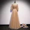 Victorian Style Champagne Dancing Prom Dresses 2020 A-Line / Princess Square Neckline Puffy 1/2 Sleeves Beading Pearl Glitter Tulle Floor-Length / Long Ruffle Backless Formal Dresses