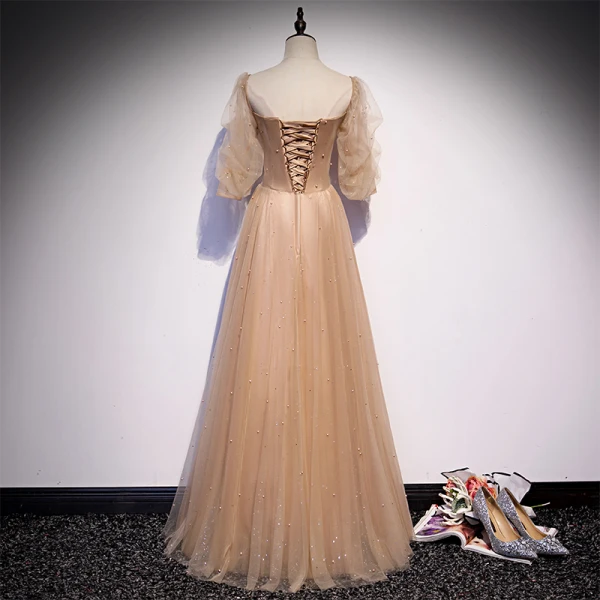 Victorian Style Champagne Dancing Prom Dresses 2020 A-Line / Princess Square Neckline Puffy 1/2 Sleeves Beading Pearl Glitter Tulle Floor-Length / Long Ruffle Backless Formal Dresses