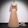Victorian Style Champagne Dancing Prom Dresses 2020 A-Line / Princess Square Neckline Puffy 1/2 Sleeves Beading Pearl Glitter Tulle Floor-Length / Long Ruffle Backless Formal Dresses