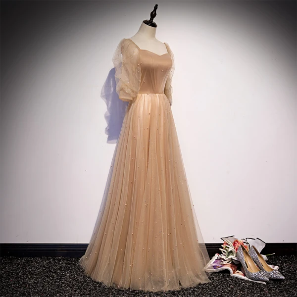 Victorian Style Champagne Dancing Prom Dresses 2020 A-Line / Princess Square Neckline Puffy 1/2 Sleeves Beading Pearl Glitter Tulle Floor-Length / Long Ruffle Backless Formal Dresses