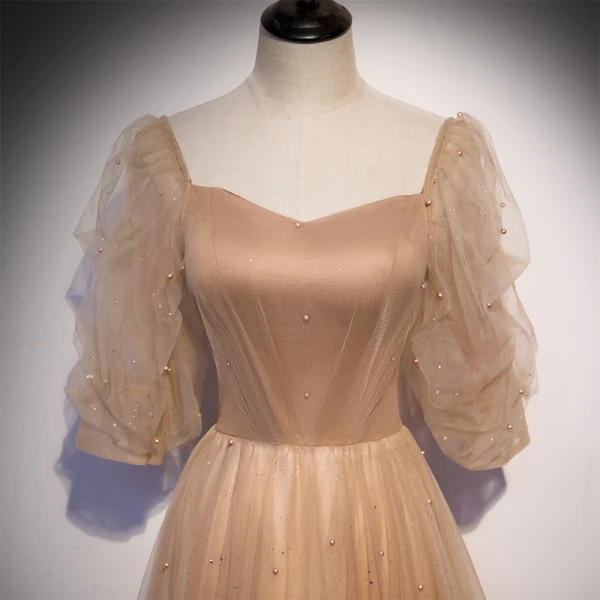 Victorian Style Champagne Dancing Prom Dresses 2020 A-Line / Princess Square Neckline Puffy 1/2 Sleeves Beading Pearl Glitter Tulle Floor-Length / Long Ruffle Backless Formal Dresses