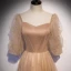 Victorian Style Champagne Dancing Prom Dresses 2020 A-Line / Princess Square Neckline Puffy 1/2 Sleeves Beading Pearl Glitter Tulle Floor-Length / Long Ruffle Backless Formal Dresses