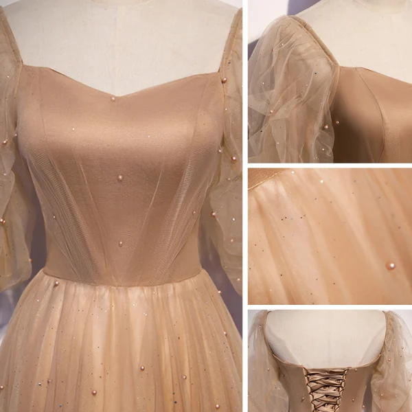 Victorian Style Champagne Dancing Prom Dresses 2020 A-Line / Princess Square Neckline Puffy 1/2 Sleeves Beading Pearl Glitter Tulle Floor-Length / Long Ruffle Backless Formal Dresses