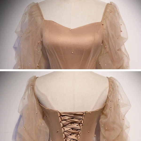 Victorian Style Champagne Dancing Prom Dresses 2020 A-Line / Princess Square Neckline Puffy 1/2 Sleeves Beading Pearl Glitter Tulle Floor-Length / Long Ruffle Backless Formal Dresses