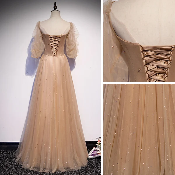 Victorian Style Champagne Dancing Prom Dresses 2020 A-Line / Princess Square Neckline Puffy 1/2 Sleeves Beading Pearl Glitter Tulle Floor-Length / Long Ruffle Backless Formal Dresses