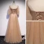 Victorian Style Champagne Dancing Prom Dresses 2020 A-Line / Princess Square Neckline Puffy 1/2 Sleeves Beading Pearl Glitter Tulle Floor-Length / Long Ruffle Backless Formal Dresses