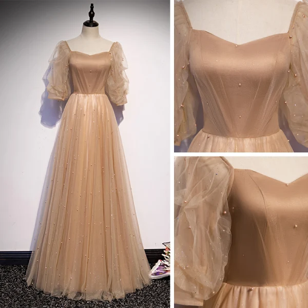 Victorian Style Champagne Dancing Prom Dresses 2020 A-Line / Princess Square Neckline Puffy 1/2 Sleeves Beading Pearl Glitter Tulle Floor-Length / Long Ruffle Backless Formal Dresses