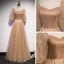 Victorian Style Champagne Dancing Prom Dresses 2020 A-Line / Princess Square Neckline Puffy 1/2 Sleeves Beading Pearl Glitter Tulle Floor-Length / Long Ruffle Backless Formal Dresses