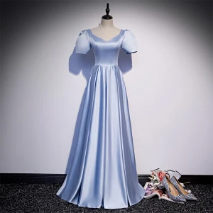 Vintage Retro Sky Blue Satin Dancing Prom Dresses 2020 A Line Princess V Neck Puffy Short Sleeve Beading Sequins Floor Length Long Ruffle Backless Formal Dresses