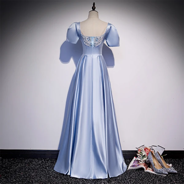 Vintage / Retro Sky Blue Satin Dancing Prom Dresses 2020 A-Line / Princess V-Neck Puffy Short Sleeve Beading Sequins Floor-Length / Long Ruffle Backless Formal Dresses