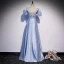 Vintage / Retro Sky Blue Satin Dancing Prom Dresses 2020 A-Line / Princess V-Neck Puffy Short Sleeve Beading Sequins Floor-Length / Long Ruffle Backless Formal Dresses