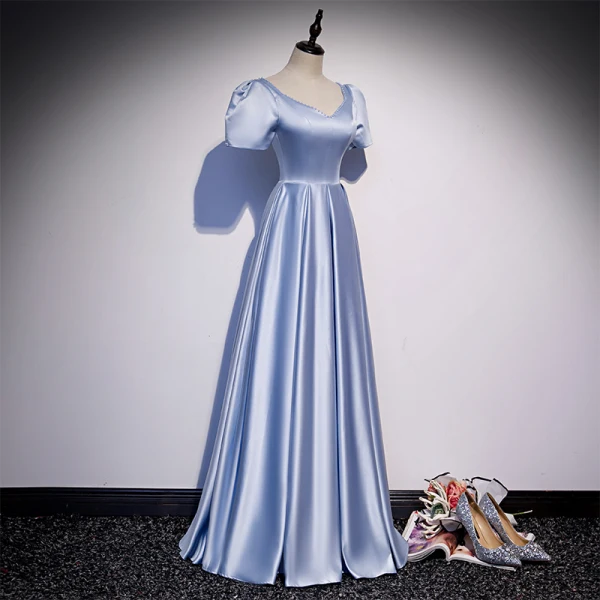 Vintage / Retro Sky Blue Satin Dancing Prom Dresses 2020 A-Line / Princess V-Neck Puffy Short Sleeve Beading Sequins Floor-Length / Long Ruffle Backless Formal Dresses