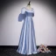 Vintage / Retro Sky Blue Satin Dancing Prom Dresses 2020 A-Line / Princess V-Neck Puffy Short Sleeve Beading Sequins Floor-Length / Long Ruffle Backless Formal Dresses