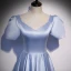 Vintage / Retro Sky Blue Satin Dancing Prom Dresses 2020 A-Line / Princess V-Neck Puffy Short Sleeve Beading Sequins Floor-Length / Long Ruffle Backless Formal Dresses