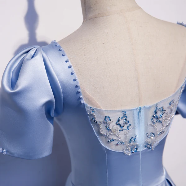 Vintage / Retro Sky Blue Satin Dancing Prom Dresses 2020 A-Line / Princess V-Neck Puffy Short Sleeve Beading Sequins Floor-Length / Long Ruffle Backless Formal Dresses