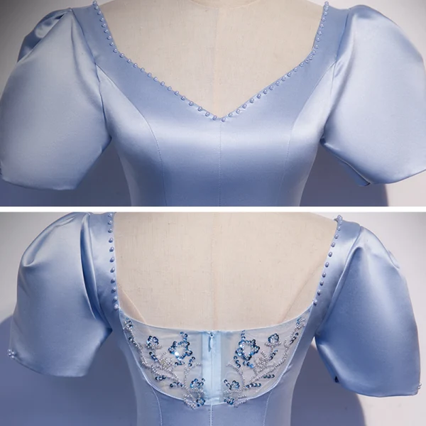 Vintage / Retro Sky Blue Satin Dancing Prom Dresses 2020 A-Line / Princess V-Neck Puffy Short Sleeve Beading Sequins Floor-Length / Long Ruffle Backless Formal Dresses