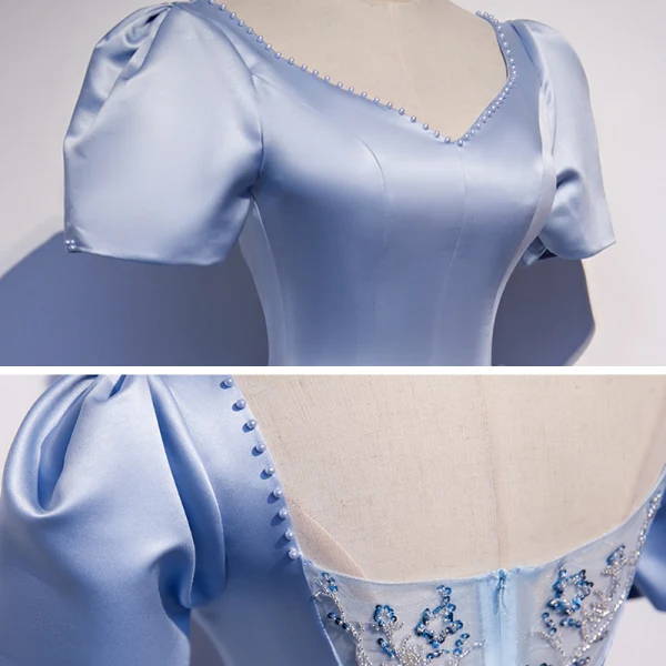 Vintage / Retro Sky Blue Satin Dancing Prom Dresses 2020 A-Line / Princess V-Neck Puffy Short Sleeve Beading Sequins Floor-Length / Long Ruffle Backless Formal Dresses