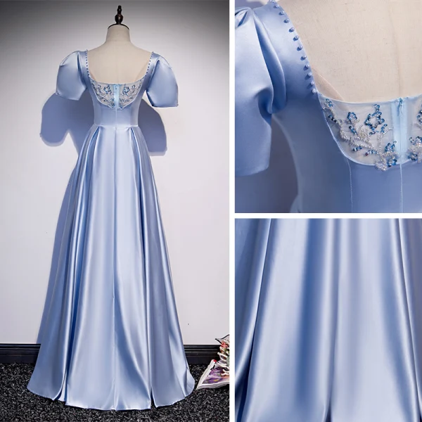 Vintage / Retro Sky Blue Satin Dancing Prom Dresses 2020 A-Line / Princess V-Neck Puffy Short Sleeve Beading Sequins Floor-Length / Long Ruffle Backless Formal Dresses