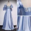 Vintage / Retro Sky Blue Satin Dancing Prom Dresses 2020 A-Line / Princess V-Neck Puffy Short Sleeve Beading Sequins Floor-Length / Long Ruffle Backless Formal Dresses