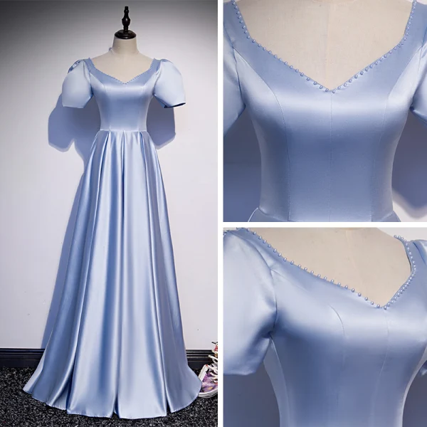 Vintage / Retro Sky Blue Satin Dancing Prom Dresses 2020 A-Line / Princess V-Neck Puffy Short Sleeve Beading Sequins Floor-Length / Long Ruffle Backless Formal Dresses