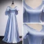 Vintage / Retro Sky Blue Satin Dancing Prom Dresses 2020 A-Line / Princess V-Neck Puffy Short Sleeve Beading Sequins Floor-Length / Long Ruffle Backless Formal Dresses