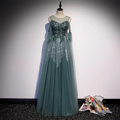 Chic / Beautiful Ink Blue Dancing Prom Dresses 2020 A-Line / Princess See-through Scoop Neck Short Sleeve Beading Floor-Length / Long Ruffle Backless Formal Dresses