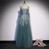 Chic / Beautiful Ink Blue Dancing Prom Dresses 2020 A-Line / Princess See-through Scoop Neck Short Sleeve Beading Floor-Length / Long Ruffle Backless Formal Dresses