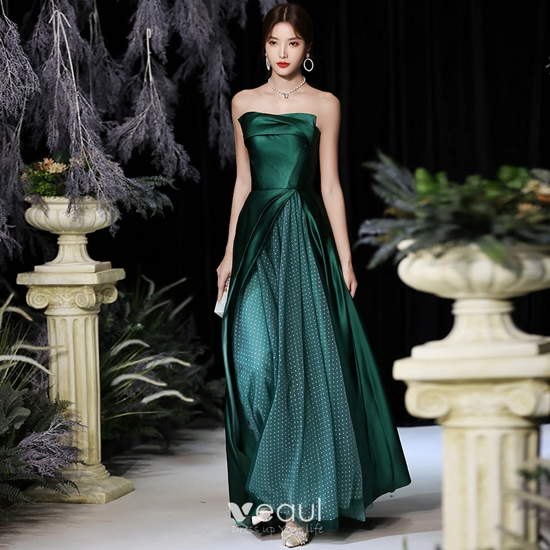 Fashion Dark Green Dancing Prom Dresses 2020 A-Line / Princess Strapless Sleeveless Spotted Tulle Floor-Length / Long Ruffle Backless Formal Dresses