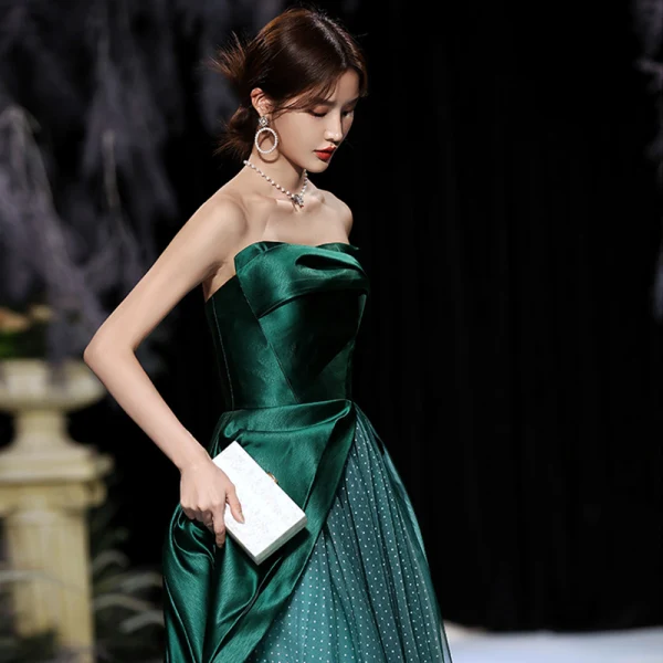 Fashion Dark Green Dancing Prom Dresses 2020 A-Line / Princess Strapless  Sleeveless Spotted Tulle Floor-Length /