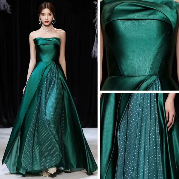 Fashion Dark Green Dancing Prom Dresses 2020 A-Line / Princess Strapless  Sleeveless Spotted Tulle Floor-Length /