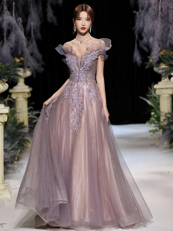 Elegant Grape Dancing Prom Dresses 2020 A-Line / Princess Off-The-Shoulder Short Sleeve Appliques Lace Beading Glitter Tulle Floor-Length / Long Ruffle Backless Formal Dresses