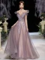 Elegant Grape Dancing Prom Dresses 2020 A-Line / Princess Off-The-Shoulder Short Sleeve Appliques Lace Beading Glitter Tulle Floor-Length / Long Ruffle Backless Formal Dresses