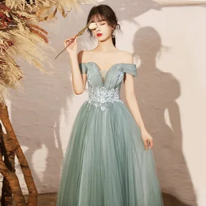 Elegant Salvie Grønn Dancing Ballkjoler 2020 Prinsesse Av Skulderen Korte Ermer Appliques Blonder Beading Lange Buste Ryggløse Formelle Kjoler