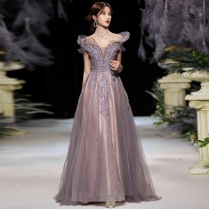 Élégant Grape Dansant Robe De Bal 2020 Princesse De L 039 Épaule Manches Courtes Appliques En Dentelle Perlage Glitter Tulle Longue Volants Dos Nu Robe De Ceremonie