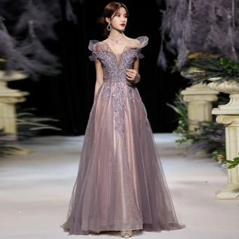 Élégant Grape Dansant Robe De Bal 2020 Princesse De L 039 Épaule Manches Courtes Appliques En Dentelle Perlage Glitter Tulle Longue Volants Dos Nu Robe De Ceremonie