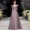 Elegant Grape Dancing Prom Dresses 2020 A-Line / Princess Off-The-Shoulder Short Sleeve Appliques Lace Beading Glitter Tulle Floor-Length / Long Ruffle Backless Formal Dresses