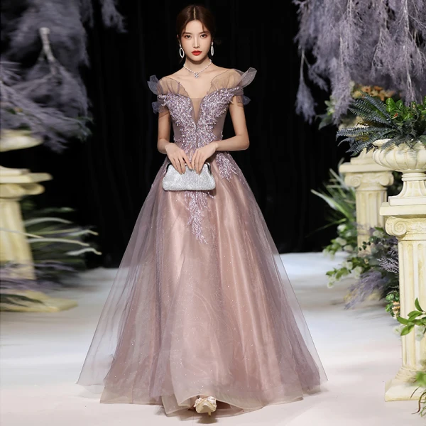 Elegant Grape Dancing Prom Dresses 2020 A-Line / Princess Off-The-Shoulder Short Sleeve Appliques Lace Beading Glitter Tulle Floor-Length / Long Ruffle Backless Formal Dresses
