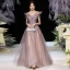 Elegant Grape Dancing Prom Dresses 2020 A-Line / Princess Off-The-Shoulder Short Sleeve Appliques Lace Beading Glitter Tulle Floor-Length / Long Ruffle Backless Formal Dresses
