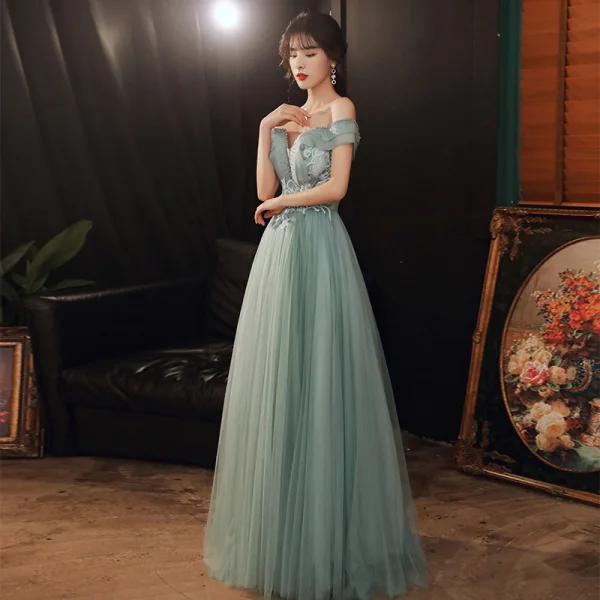 Elegant Sage Green Dancing Prom Dresses 2020 A-Line / Princess Off-The-Shoulder Short Sleeve Appliques Lace Beading Floor-Length / Long Ruffle Backless Formal Dresses