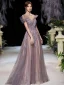 Elegant Grape Dancing Prom Dresses 2020 A-Line / Princess Off-The-Shoulder Short Sleeve Appliques Lace Beading Glitter Tulle Floor-Length / Long Ruffle Backless Formal Dresses